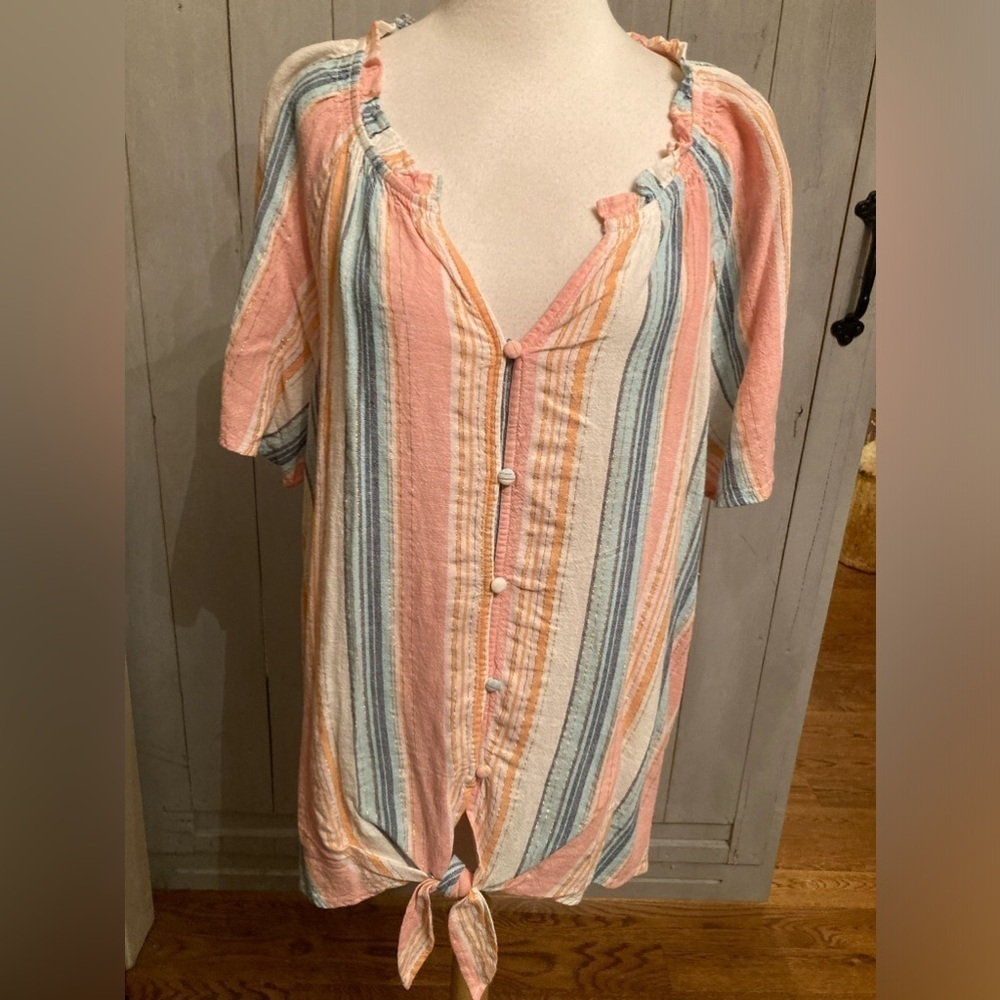 Lane Bryant Blouse Size 16 Striped Linen Rayon Blend Short Sleeve Tie Front NEW